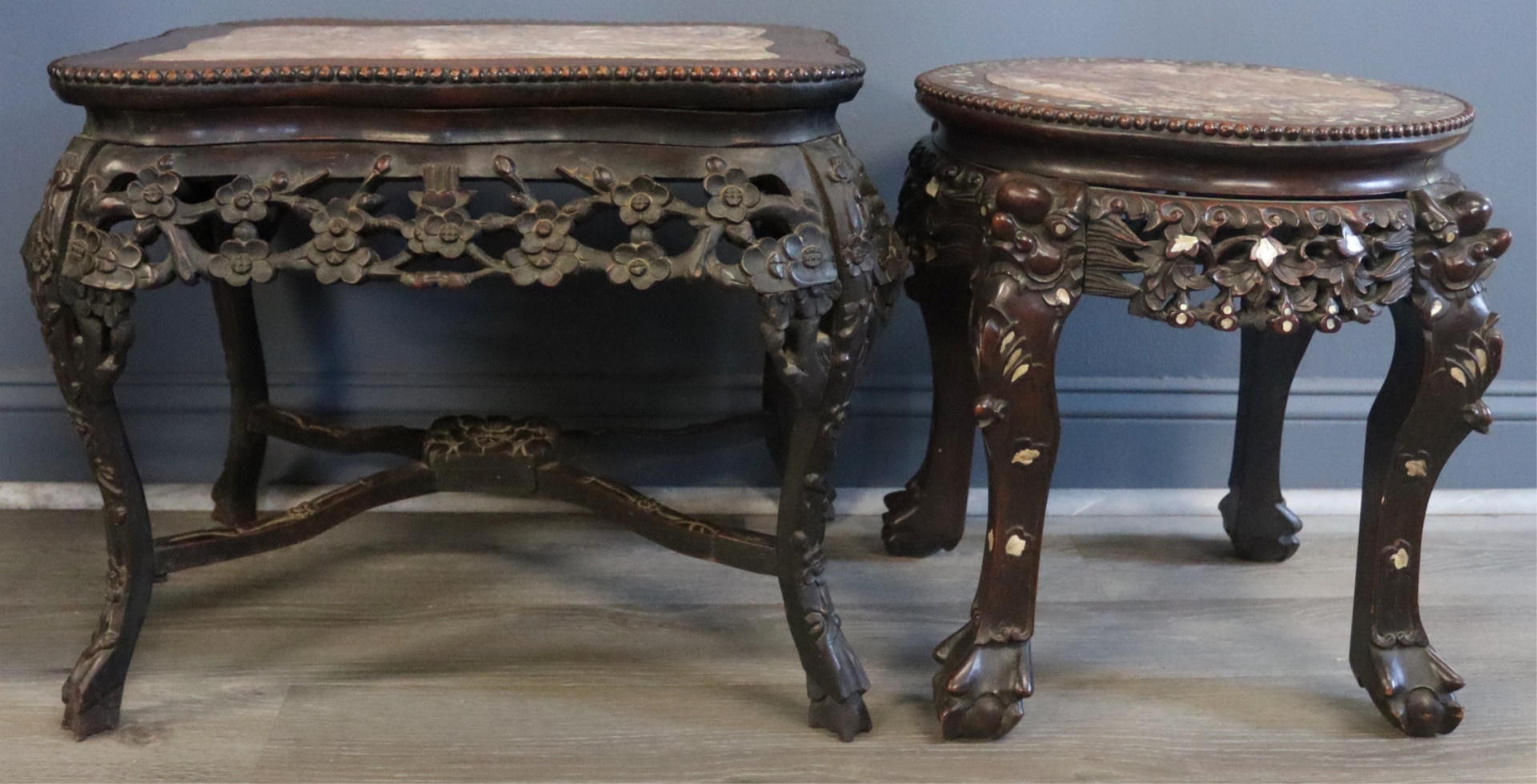  2 ASIAN MARBLE TOP CARVED STANDS  3bcefb