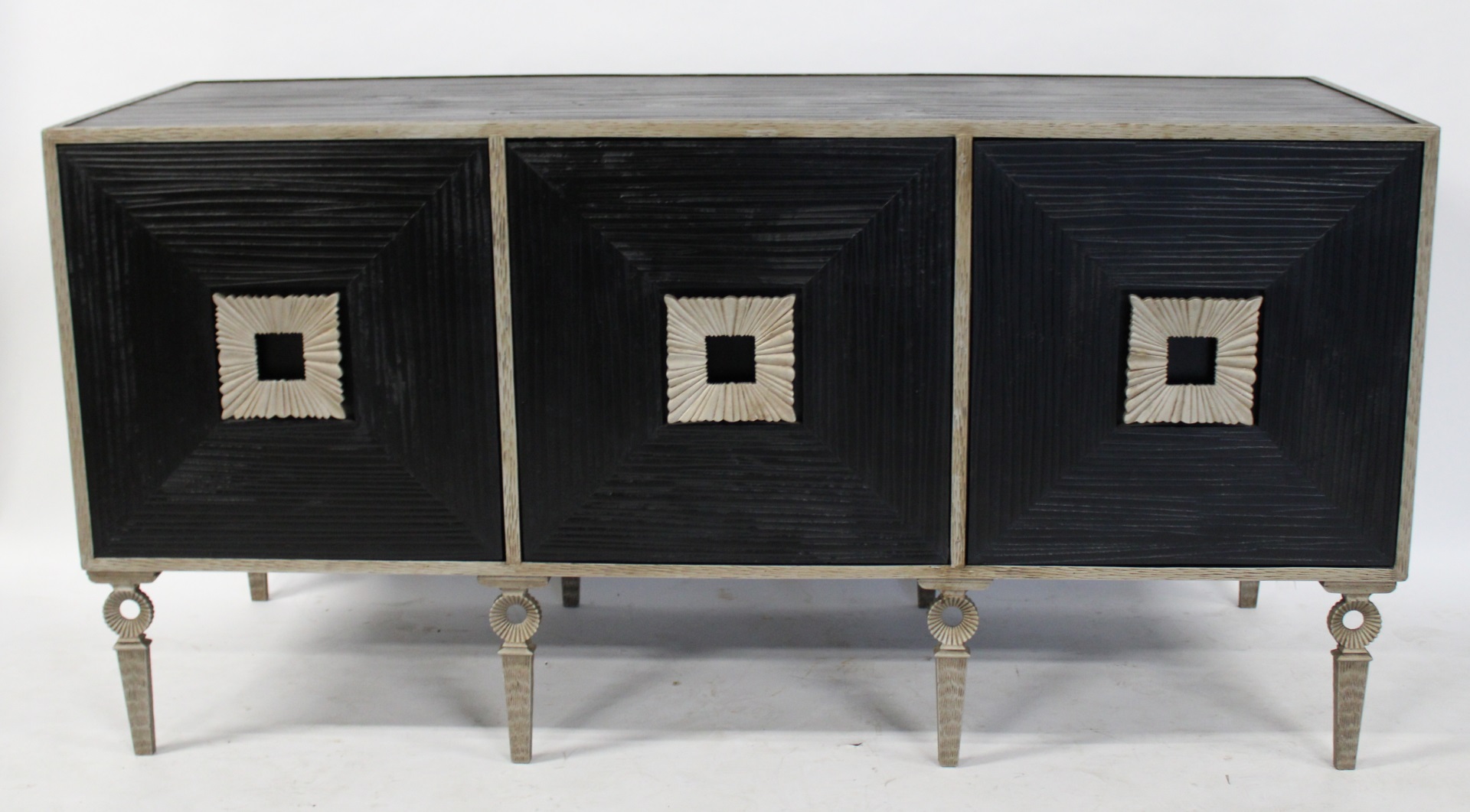 CARVED, EBONISED & SILVERED CABINET.