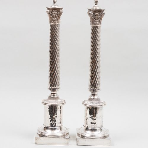 PAIR OF SILVER PLATE COLUMNAR LAMPS38