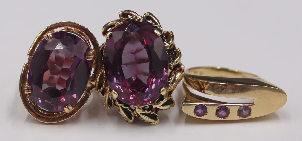 JEWELRY. (3) 14KT GOLD AND AMETHYST