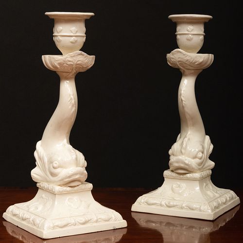 PAIR OF CREAMWARE DOLPHIN FORM