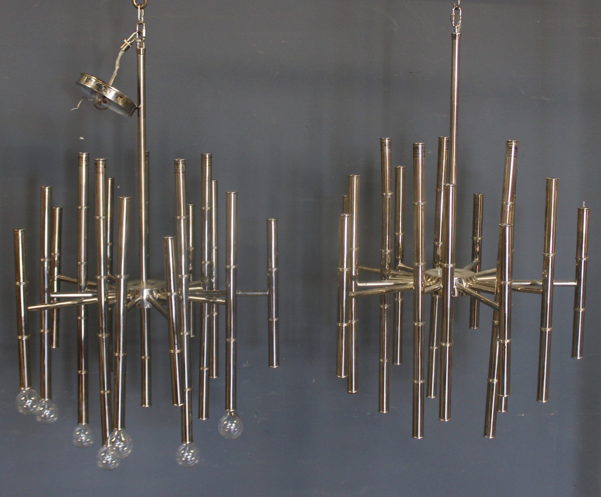 PAIR OF CHROME BAMBOO FORM CHANDELIERS  3babed