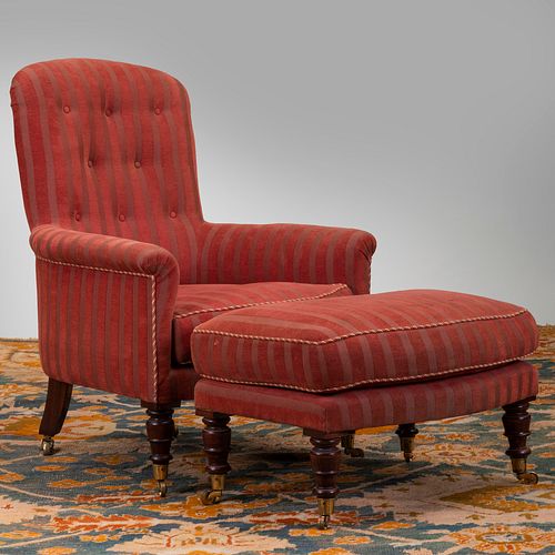 VICTORIAN STYLE MAHOGANY AND UPHOLSTERED