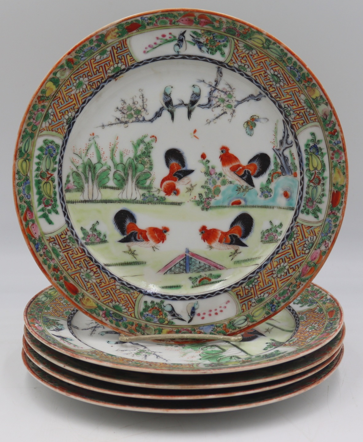 (5) CHINESE FAMILLE ROSE ROOSTER PLATES.