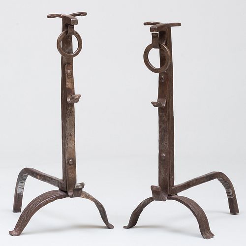 PAIR BRONZE ANDIRONS WITH STYLIZED RAMS