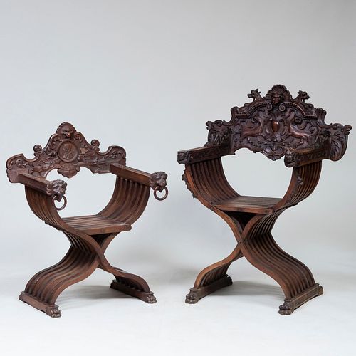 TWO ITALIAN MEDIEVAL STYLE CARVED