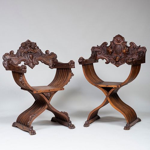 TWO ITALIAN MEDIEVAL STYLE CARVED