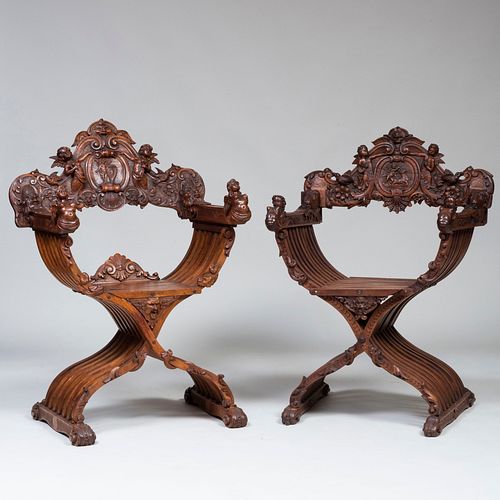 TWO ITALIAN MEDIEVAL STYLE CARVED