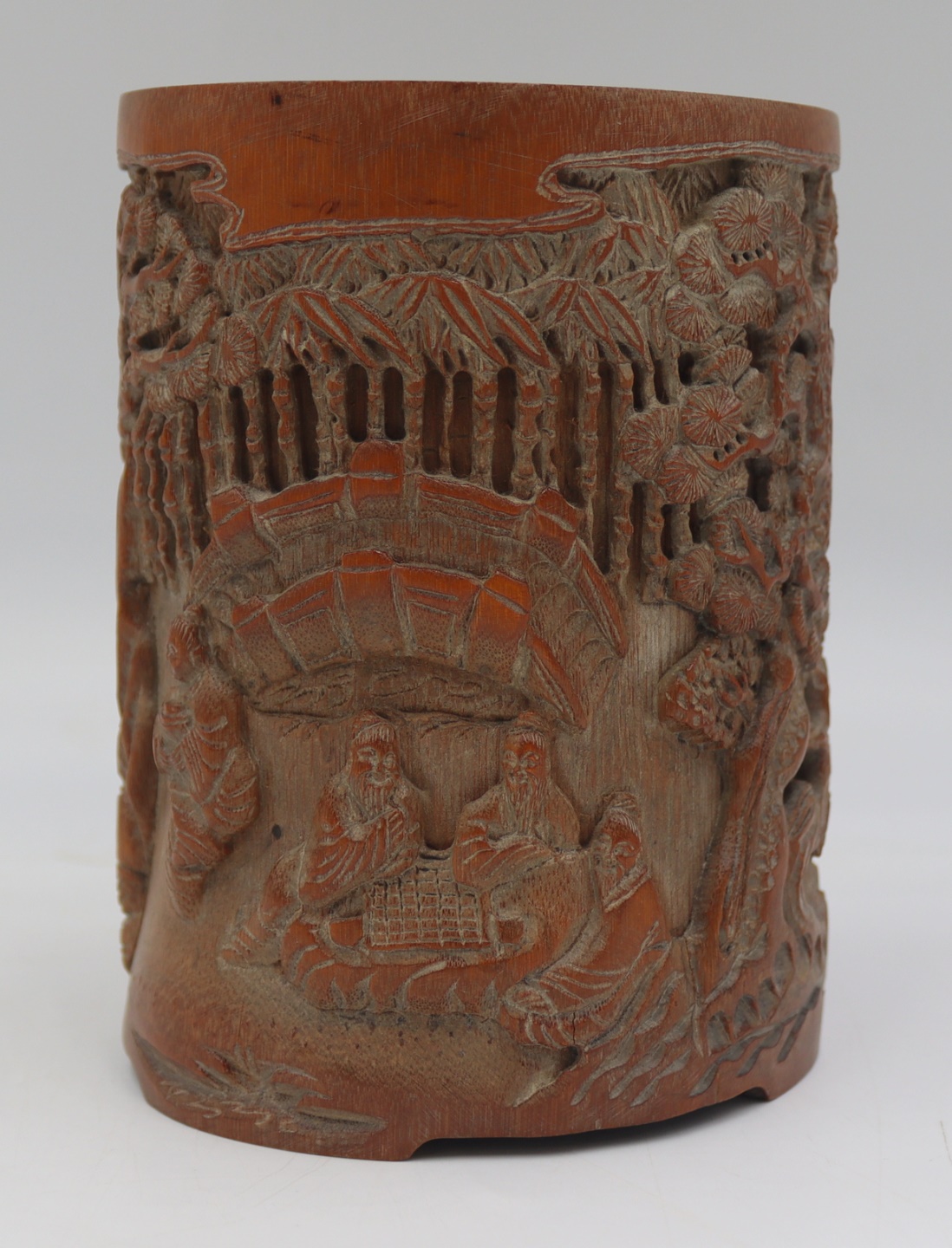 SIGNED CARVED ASIAN BRUSH POT WITH 3baf75