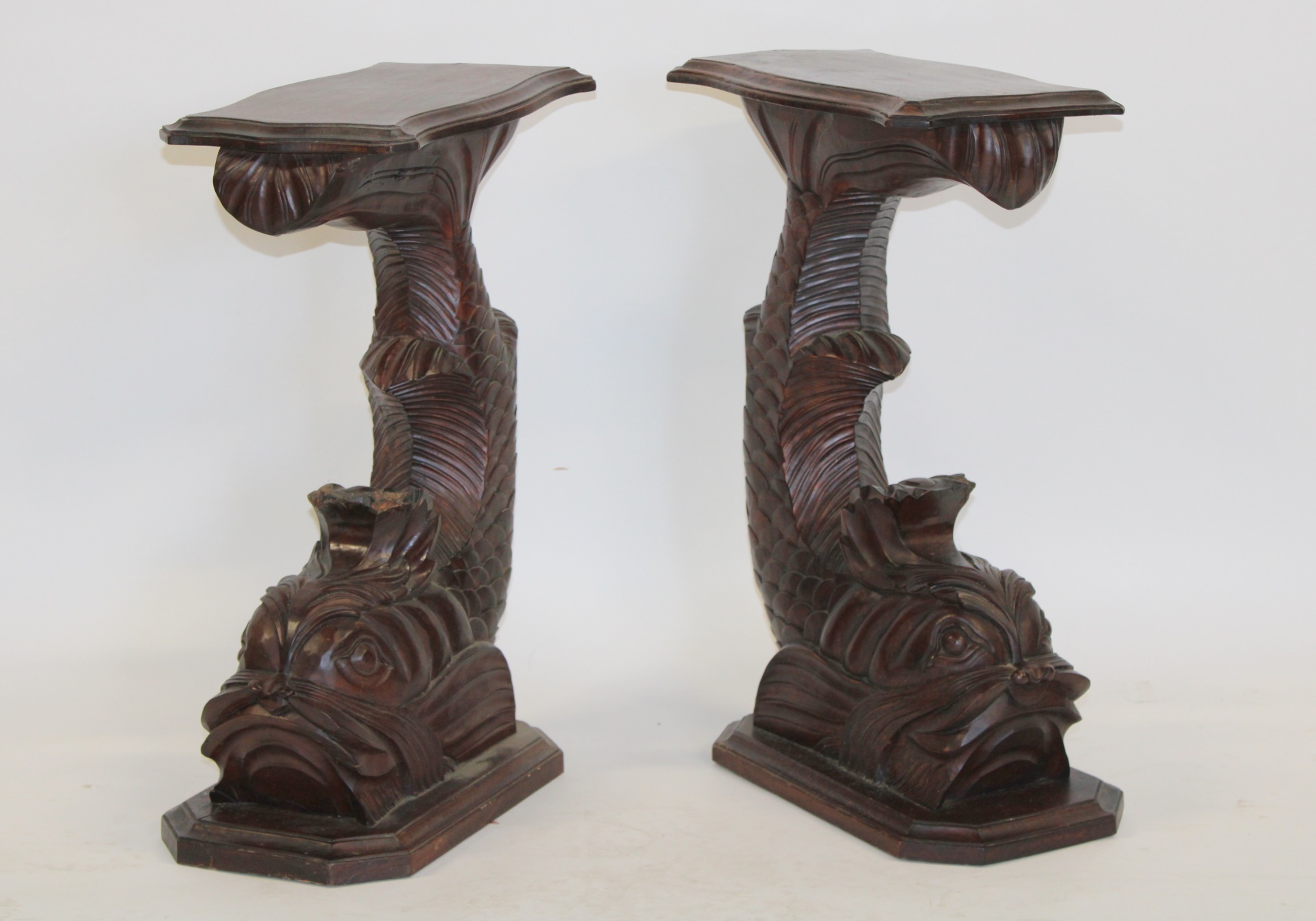 2 ANTIQUE CARVED DOLPHIN FORM SIDE TABLES.