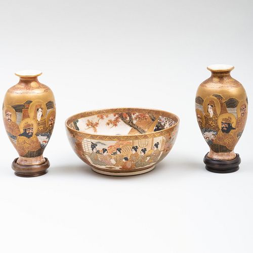 PAIR OF JAPANESE SATSUMA VASES AND A