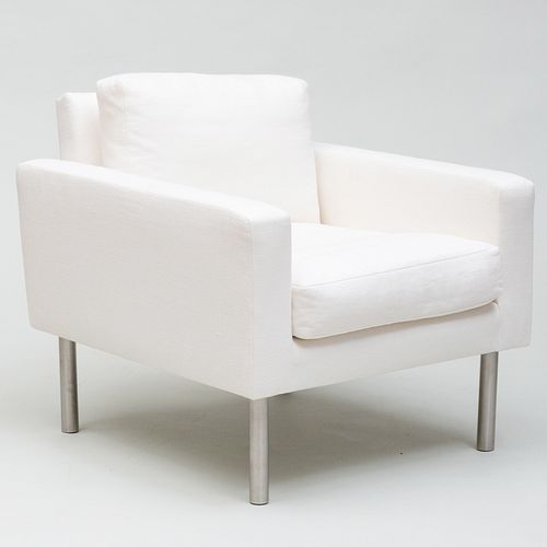 CHROME AND WHITE LINEN ARMCHAIR  3bb236