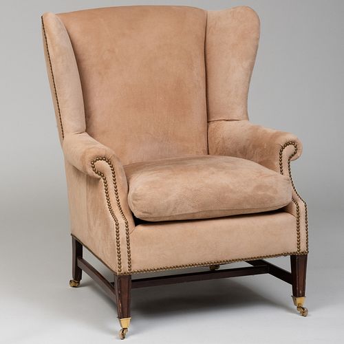 MODERN MAHOGANY AND SUEDE UPHOLSTERED 3bb38b