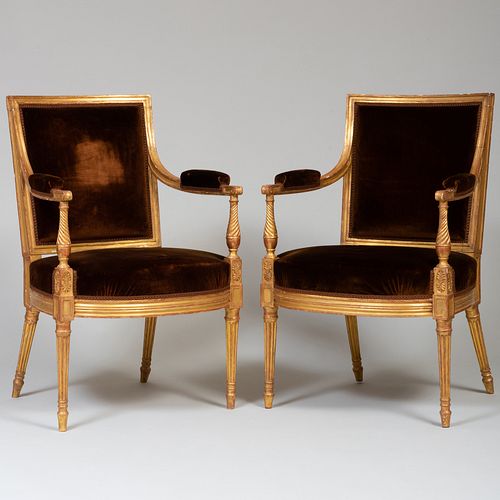 PAIR OF GEORGE III GILTWOOD ARMCHAIRS,