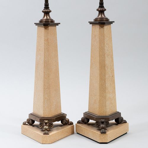 PAIR OF FAUX SHAGREEN PAINTED OBELISK