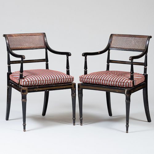 PAIR OF REGENCY EBONIZED AND CANED