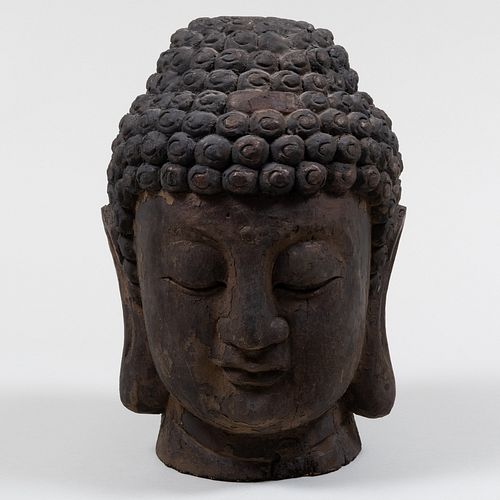 CHINESE CARVED WOOD HEAD OF BUDDHA 3bb4c7