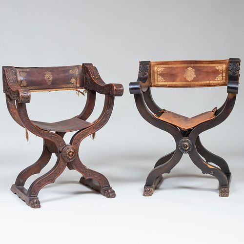 TWO ITALIAN CARVED WALNUT AND LEATHER