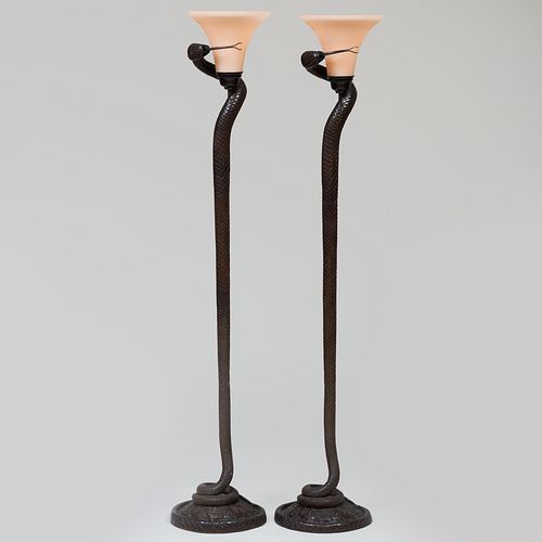 PAIR OF ART DECO STYLE BRONZE AND GLASS