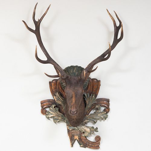 CARVED PAINTED WOOD AND HORN DEER 3bb814