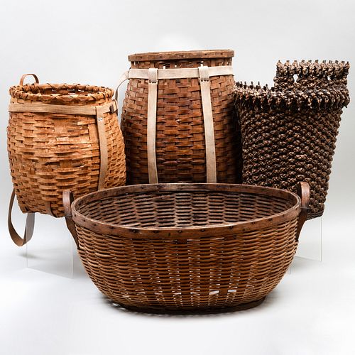 GROUP OF FOUR WOVEN BASKETS AND