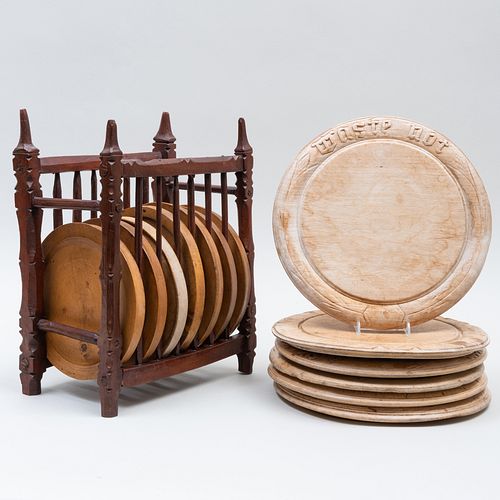 CARVED WOOD PLATE RACK, A GROUP