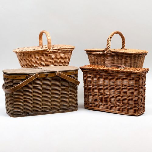 FOUR WOVEN PICNIC BASKETSOne with