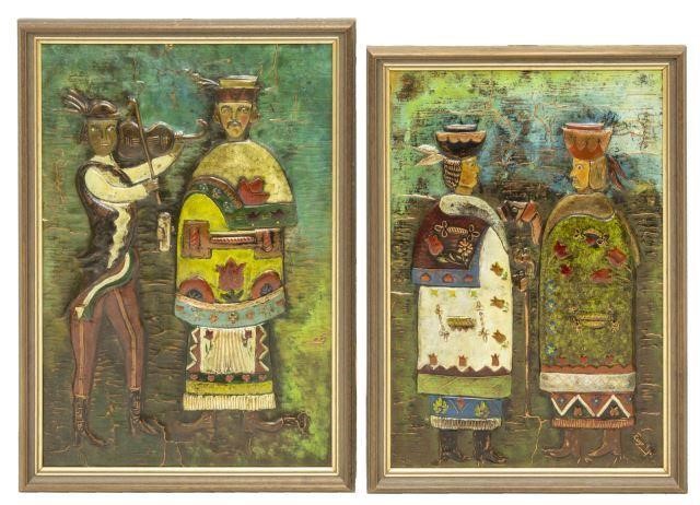  2 FOLK ART PAINTED COPPER CLAD 3be1ad