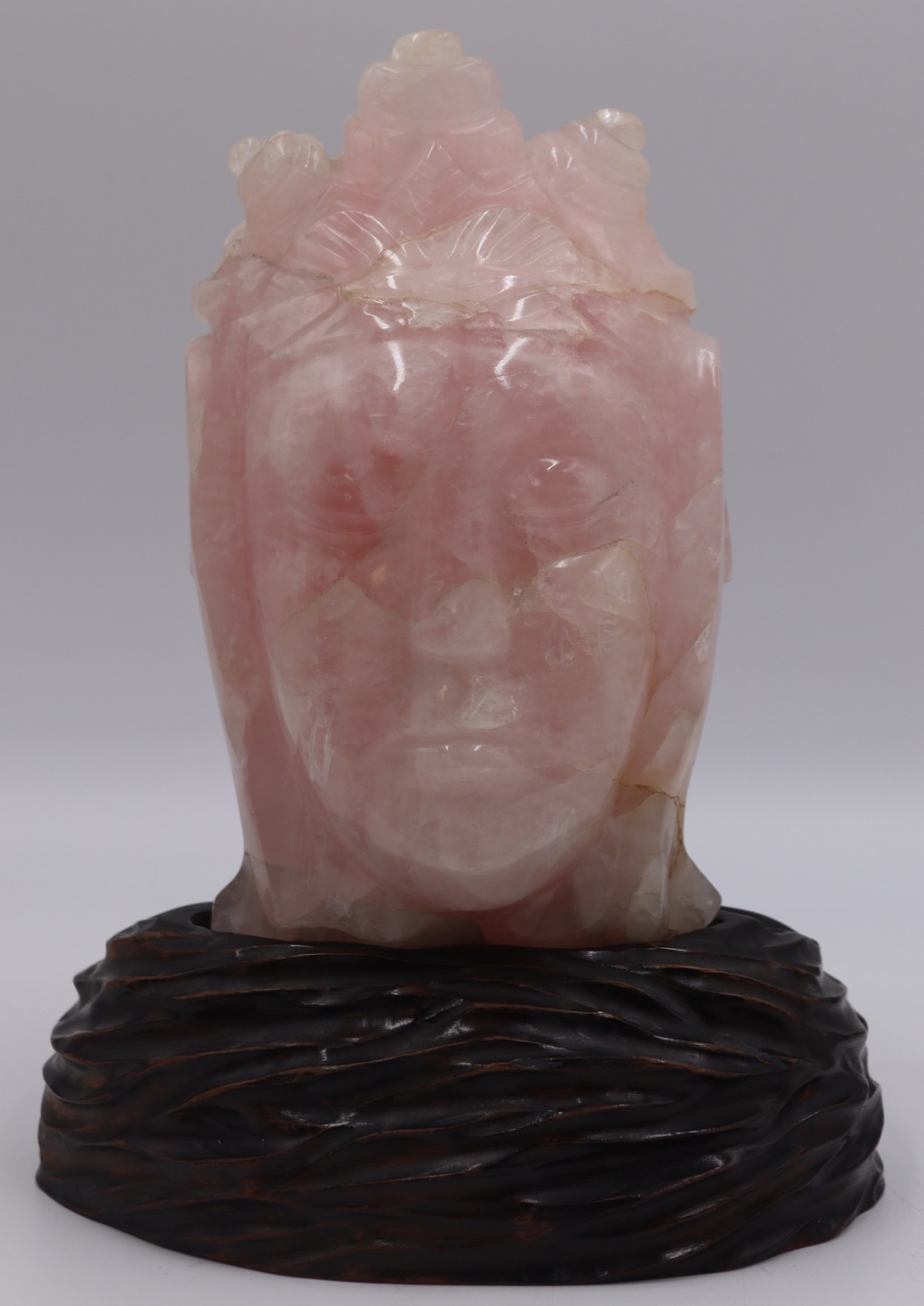 CARVED ROSE QUARTZ BUST OF A GUAN