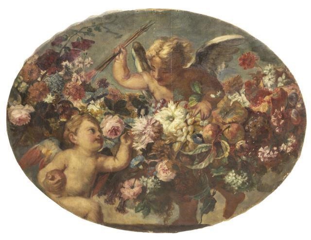OVAL OIL PAINTING CUPID FLOWERS  3be37d