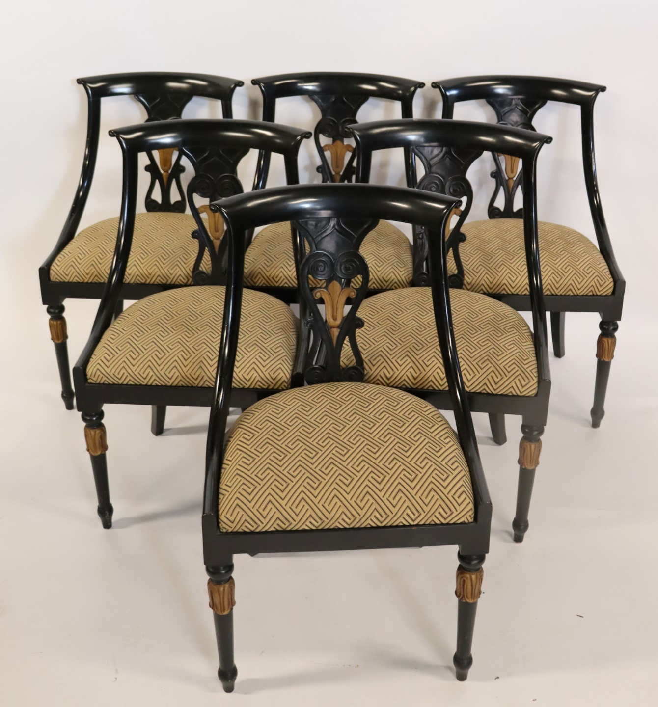 6 NEOCLASSICAL STYLE EBONISED CHAIRS.