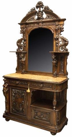 FRENCH CARVED OAK MIRRORED MARBLE