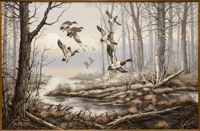 LARGE SIGNED DUCKS WILDLIFE PAINTING  3be501