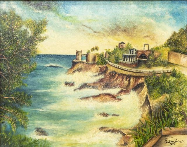 FRAMED COASTAL FORT OIL PAINTING  3be5ae