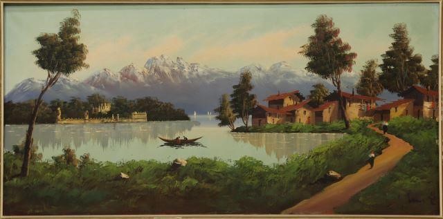 FRAMED ALPINE LAKE LANDSCAPE PAINTING,