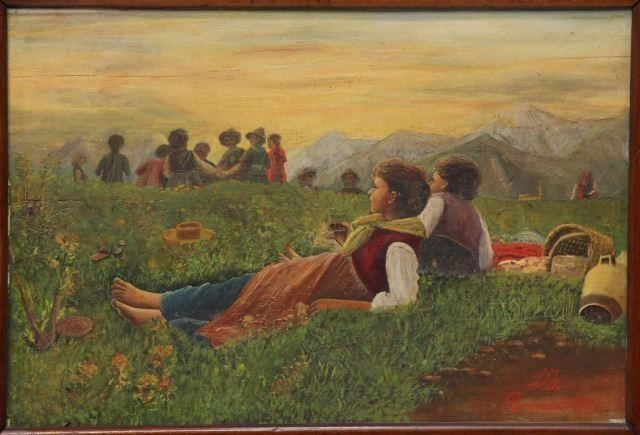 FRAMED OIL PAINTING ON PANEL PEASANTS 3be5c3