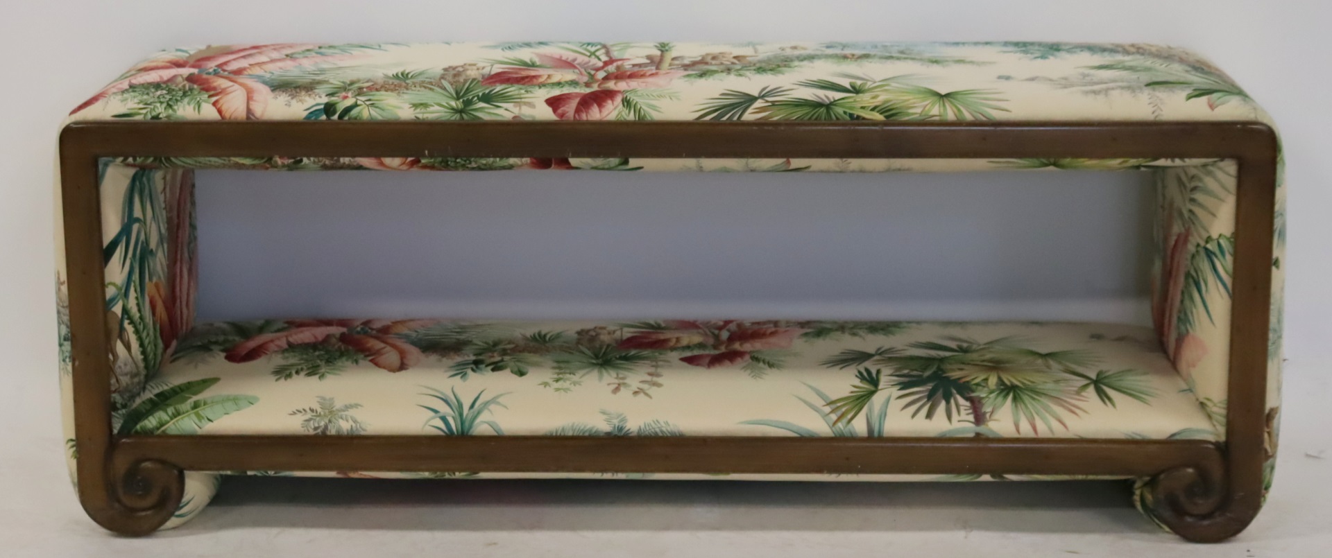 ANTIQUE ASIAN STYLE UPHOLSTERED BENCH.