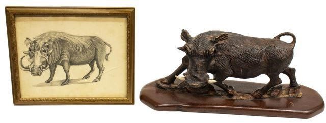  2 FRAMED WILDLIFE WARTHOG SKETCH 3bea0e