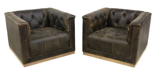  PAIR ANTIQUED BROWN LEATHER CLUB 3beaa8