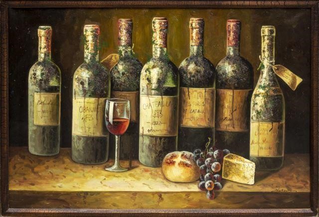 FRAMED SIGNED PAINTING WINE CHEESE 3bee6e