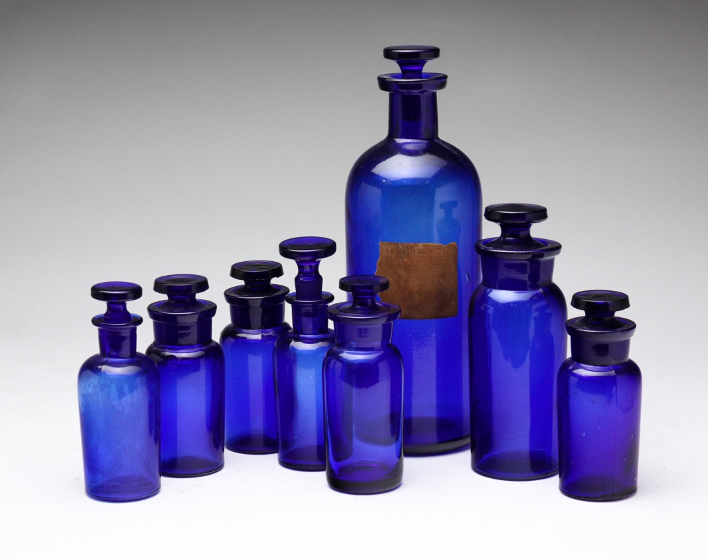 EIGHT COBALT GLASS APOTHECARY BOTTLES  3bf013