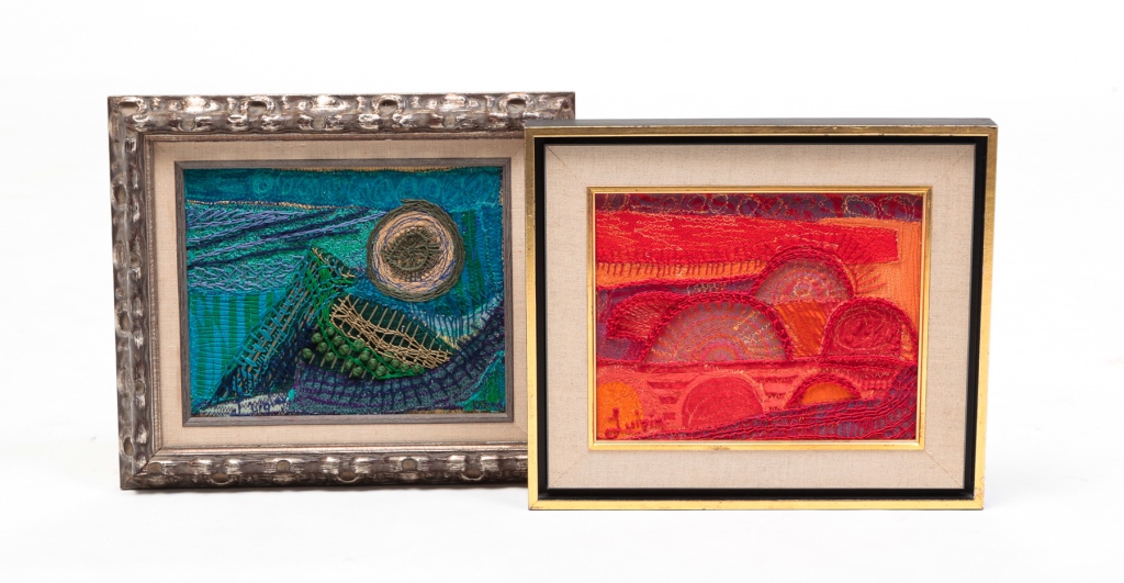 TWO STITCHED FABRIC ART PICTURES BY