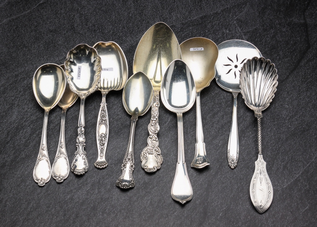 TEN SILVER SERVING UTENSILS. American