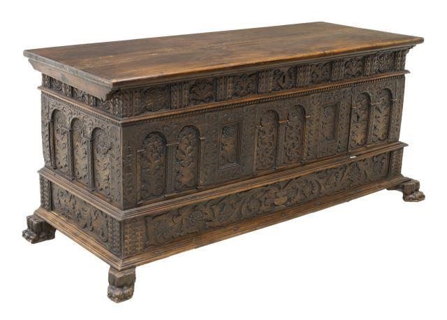 SPANISH CARVED WALNUT WEDDING COFFER 3bf10d