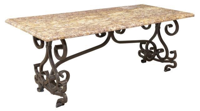 ORNATE MARBLE TOP SCROLLED IRON BASE