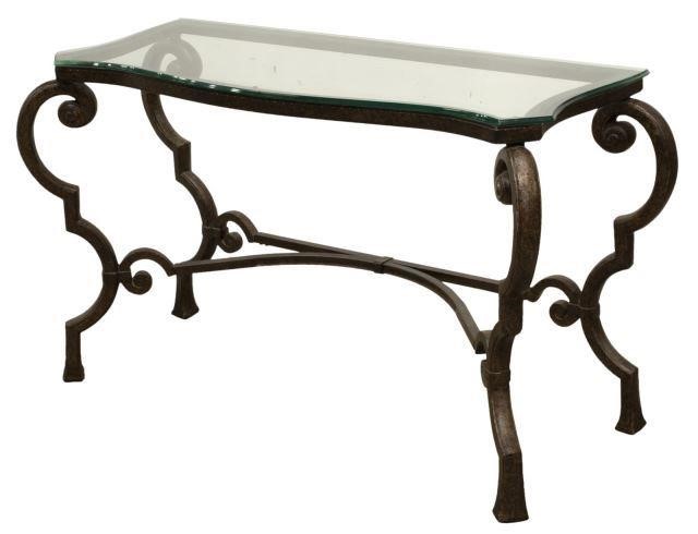 GLASS-TOP PATINATED METAL CONSOLE