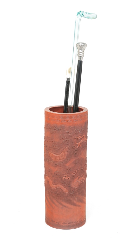 ASIAN REDWARE UMBRELLA STAND AND
