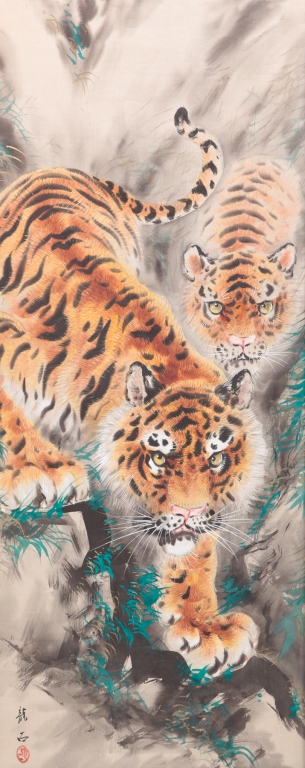 FRAMED ASIAN PAINTING OF TIGERS