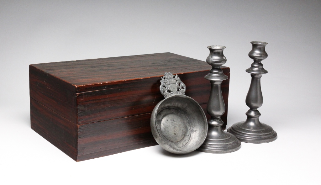 AMERICAN PEWTER PIECES AND DECORATED