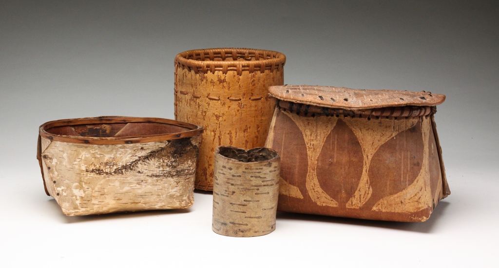 FOUR BIRCHBARK CONTAINERS. Early